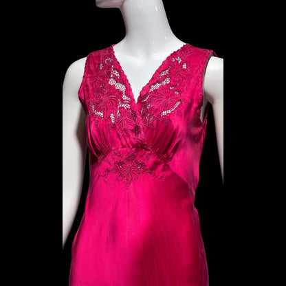 PEONY vintage 1950s Silk Nightgown Slip Dress: Made in SHANGHAI Embroidered Magenta bias cut gown