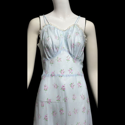 ALBERTA vintage 1940s nightgown slip dress, Sheer dusty blue with with pink rosebuds, Old Hollywood full length gown