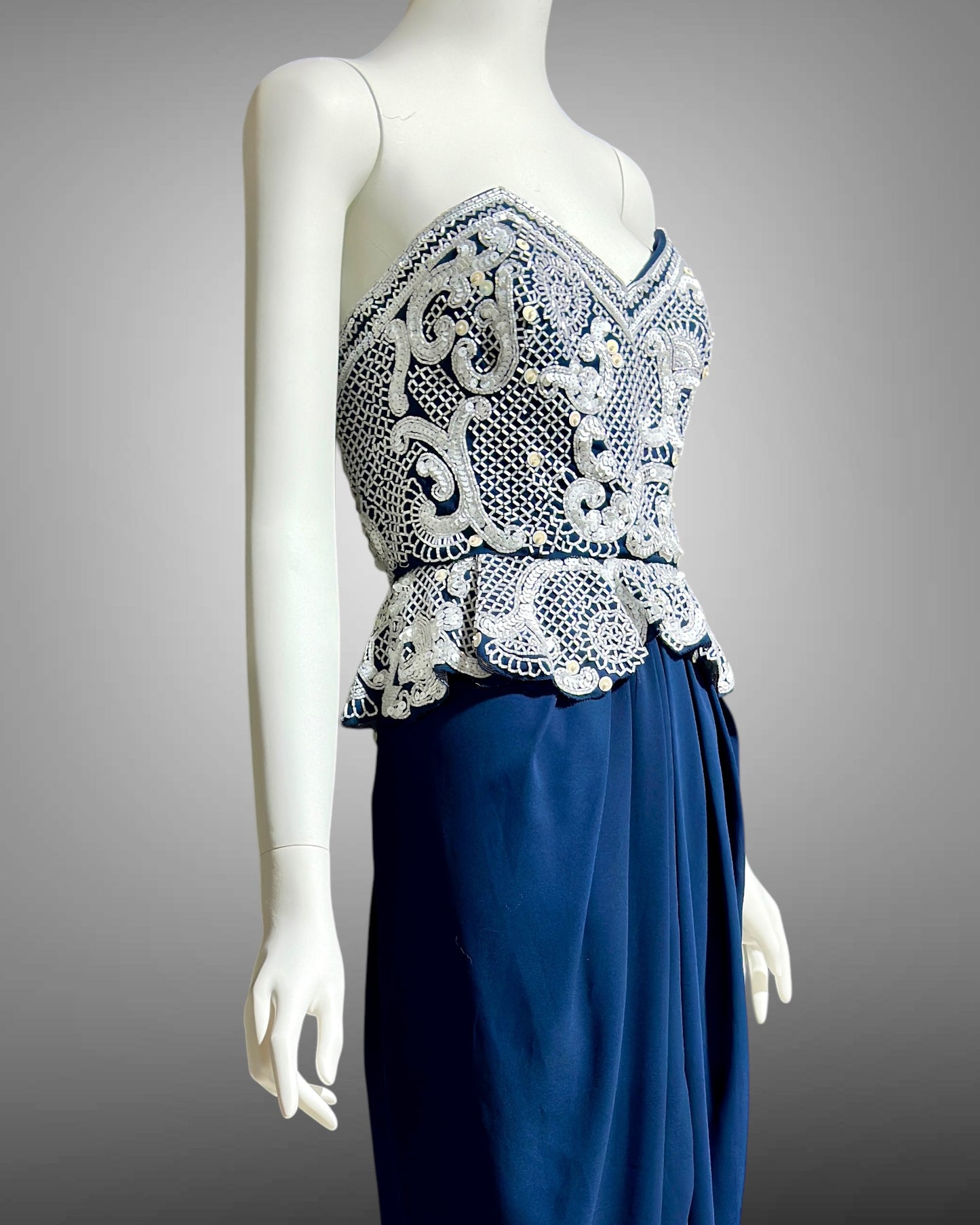 FABRICE SILHOUETTE 1980s vintage evening dress, Navy Blue and white beads and sequins strapless peplum formal gown