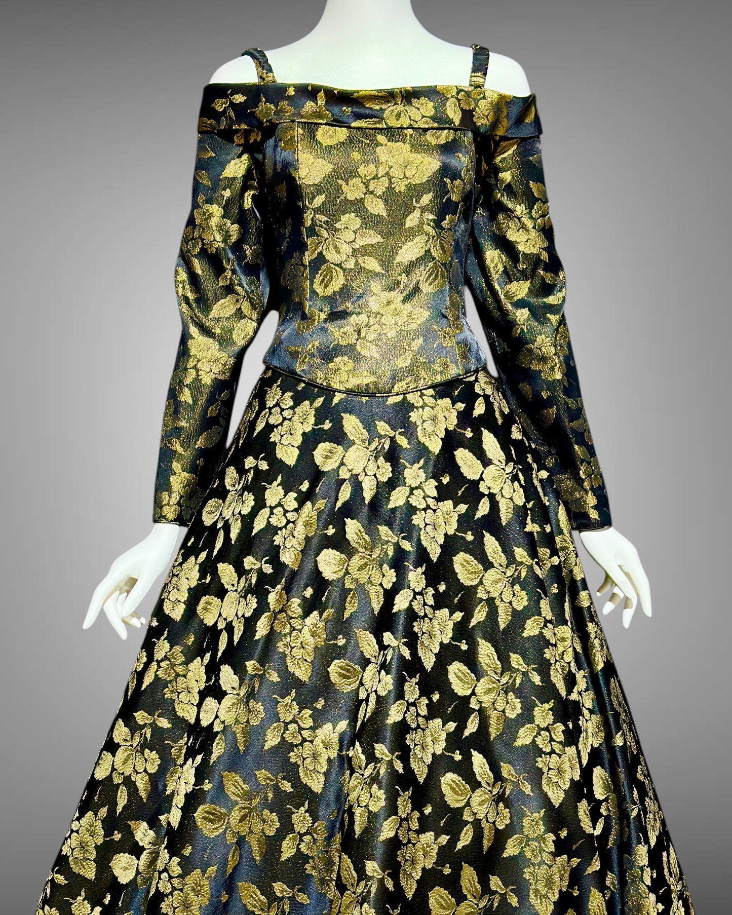 CHRIS KOLE 1980s vintage evening dress, Black and gold damask, long sleeve off the shoulder ball gown