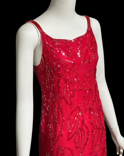 KAYE LOUISE vintage 1990s dress, red 100% silk and sequin beaded cocktail party slip dress