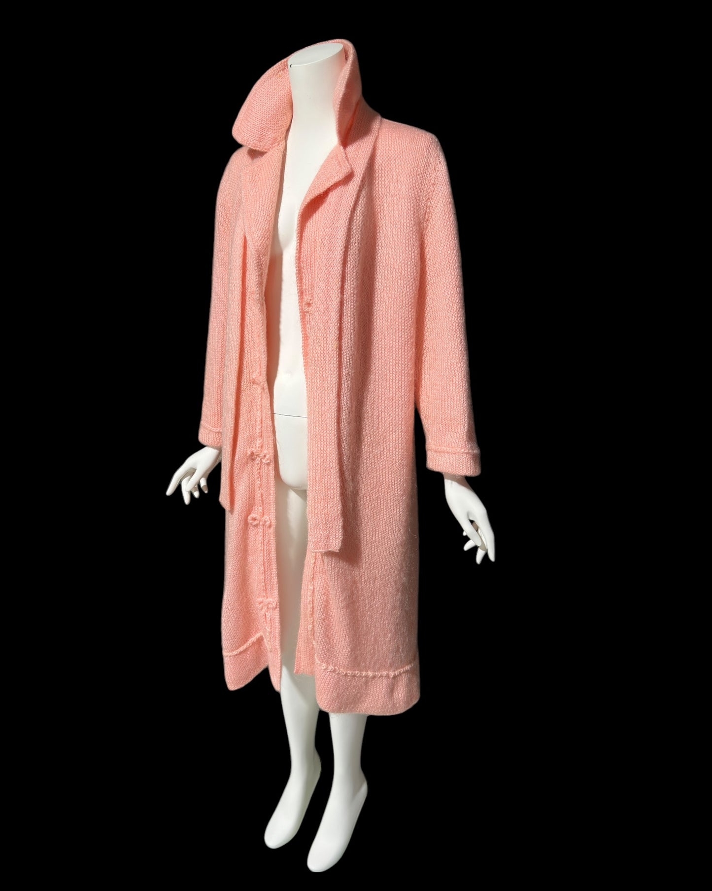 1960s vintage pink mohair coat, Mid Century stroller length open front coat