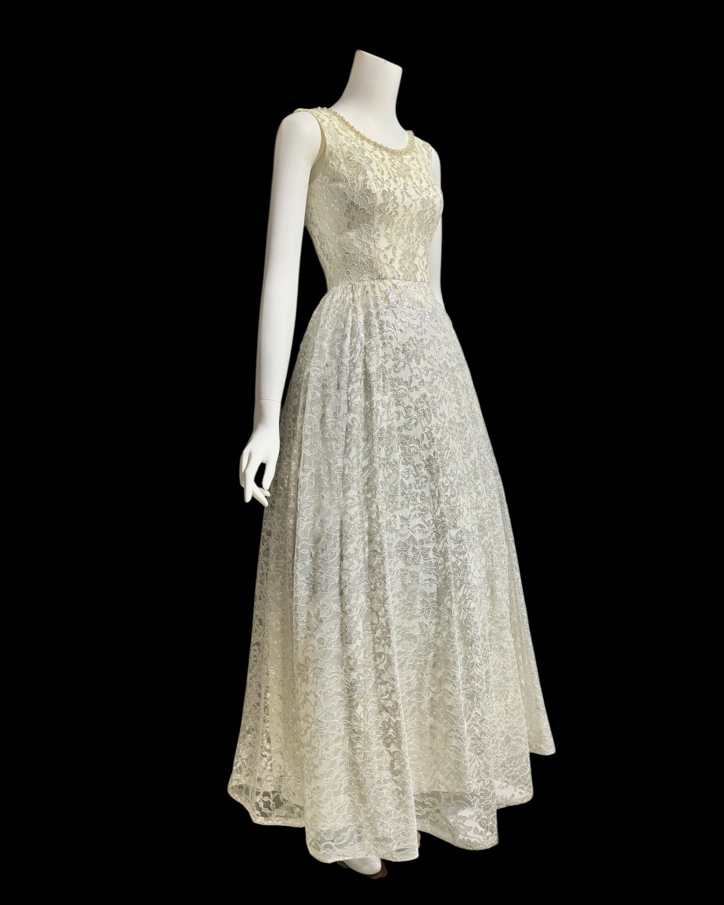 1960s vintage wedding dress, Full length white and silver lace princess evening gown