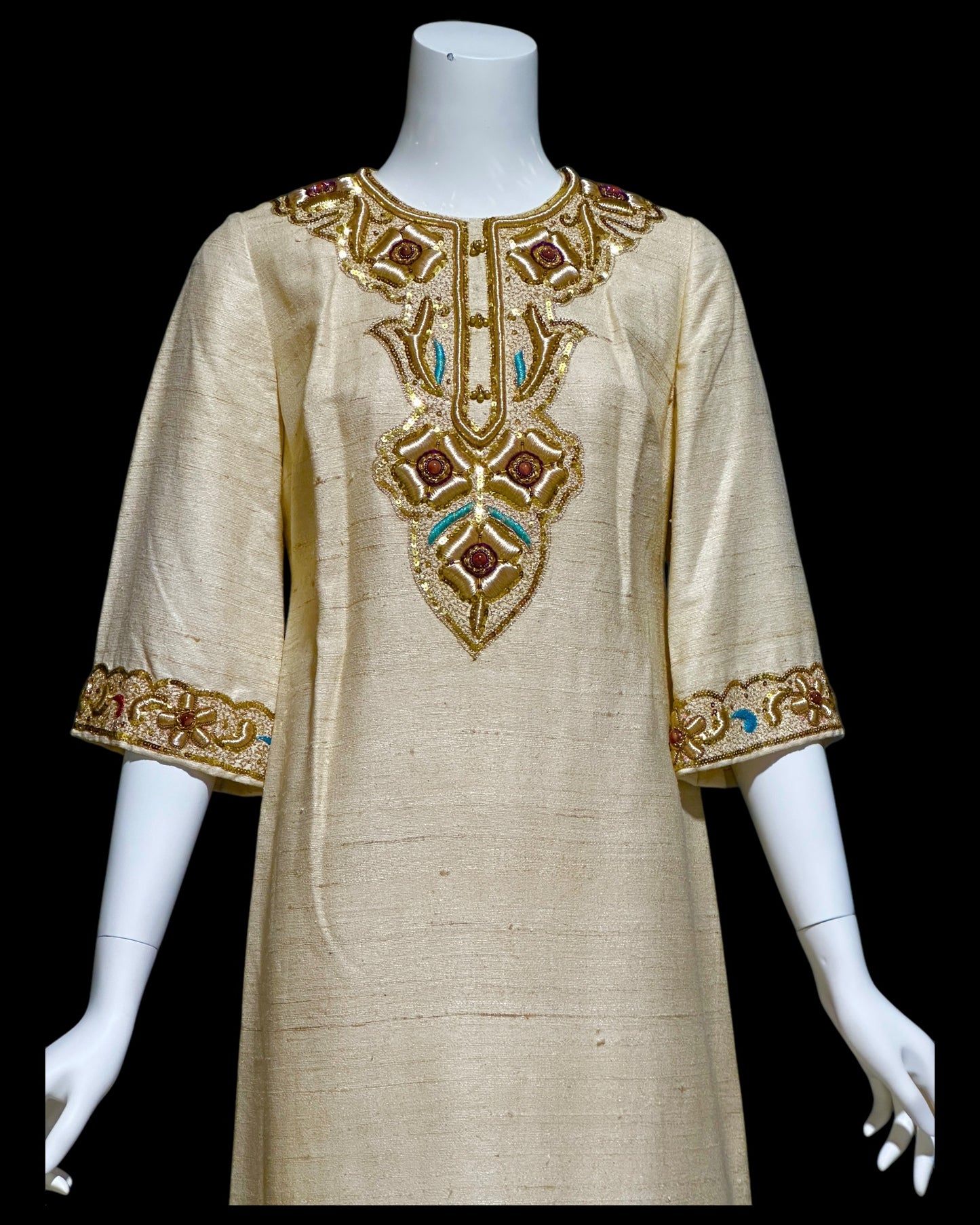 1960s vintage raw silk caftan dress, Custom made zardozi style embroidered Kaftan beaded evening gown