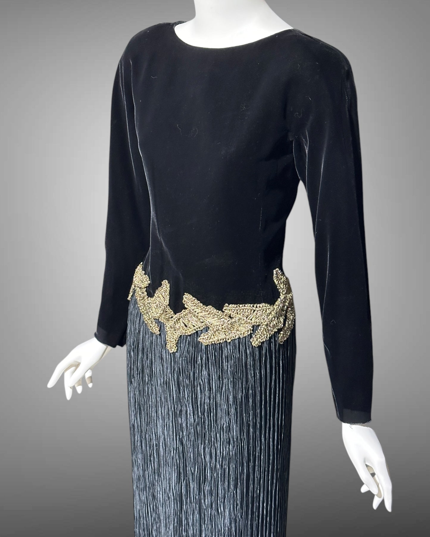 Mary McFadden evening dress, 1980s Black velvet fortuny pleats plisse cocktail party dress, SUITE 101 Beverly Hills