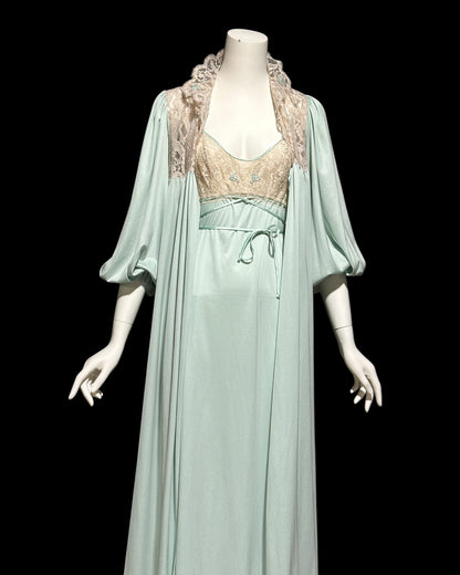 CLAIRE SANDRA Lucie Ann, Neiman Marcus, 1960s vintage nightgown robe set, seafoam green peignoir set, slip dress and housecoat