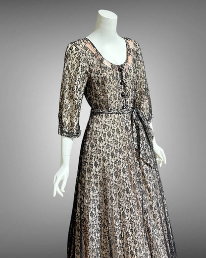 FLOBERT vintage 1940s black lace dressing gown robe, sheer black lace with pink ribbon trim