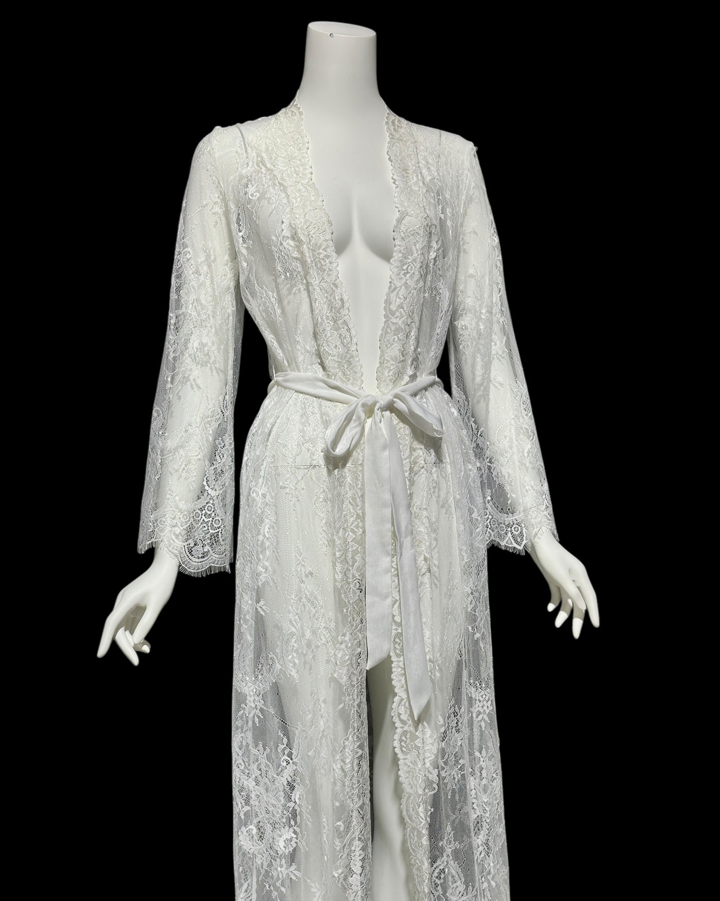 JONQUIL Diane Samandi, 1990s sheer white lace robe, see through feather weight white wrap dressing gown