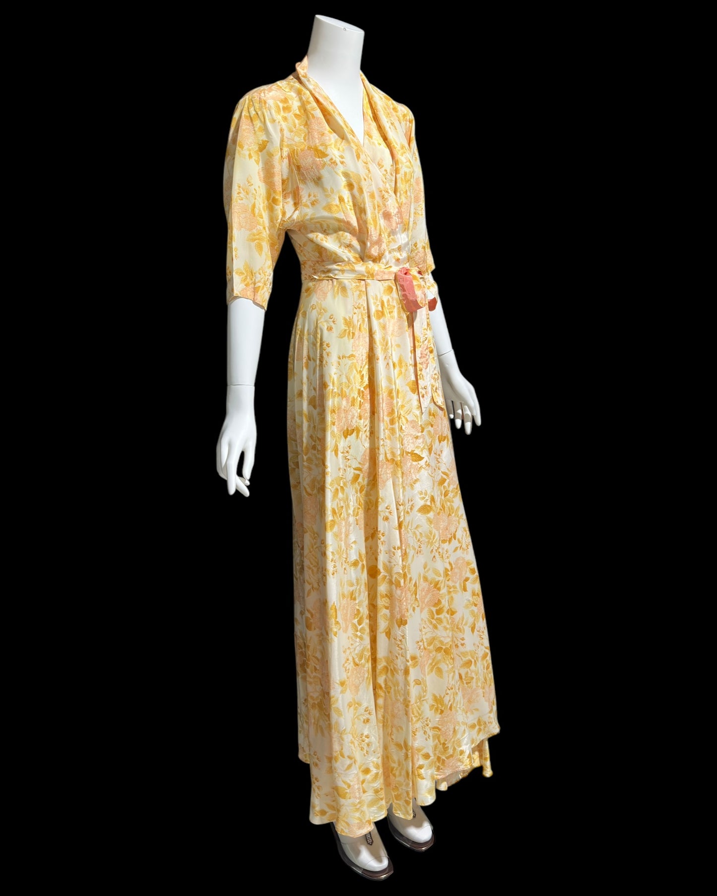 EVELYN PEARSON, vintage 1940s dressing gown robe, gold and pink floral wrap housecoat