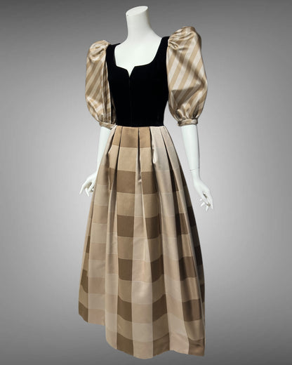 ANDRE LAUG vintage evening ball gown, 1970s Silk formal dress, black velvet brown mocha puffed sleeves