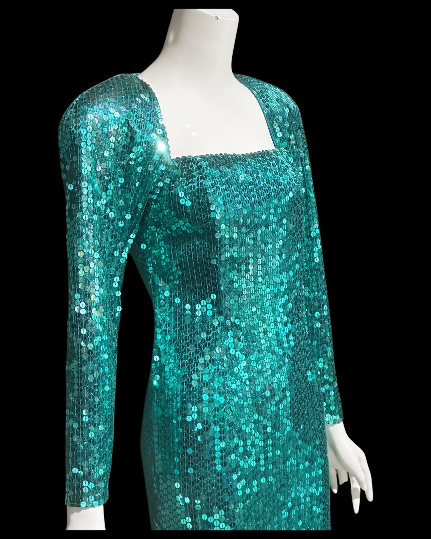 OLEG CASSINI vintage 1980s bodycon sequin gown, Mermaid teal green sheath gown with open back