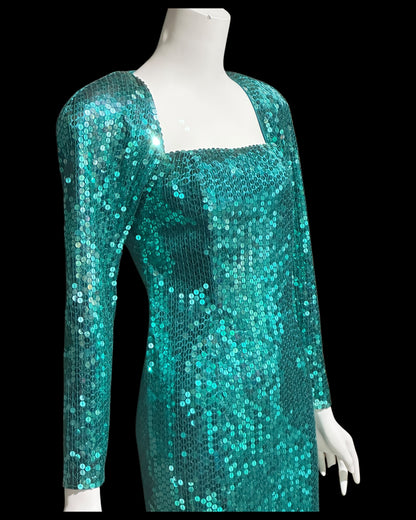 OLEG CASSINI vintage 1980s bodycon sequin evening gown, Mermaid teal green sheath gown with open back