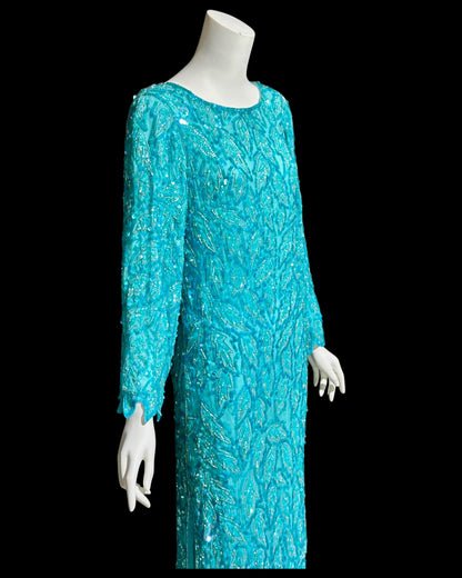 1980s Vintage Turquoise blue silk beaded full length sheath evening gown, Silver beads long sleeves and sequins