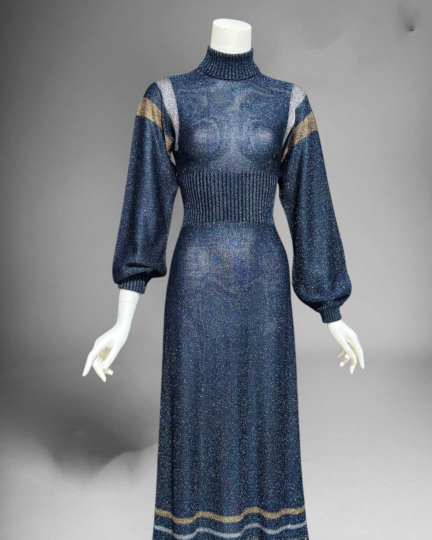 WENJILLI lurex maxi dress, 1970s vintage Blue Metallic Knit Maxi Dress Turtle Neckline