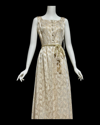 B. COHEN vintage 1940s silk dressing evening gown, house dress, ivory gold metallic feather button front