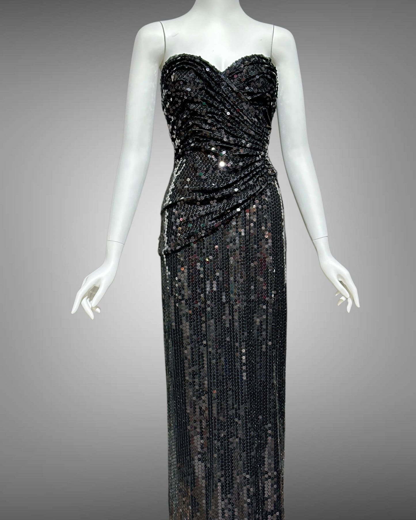 TADASHI vintage evening dress gown, 1980s all over black sequin, strapless ruched bodice