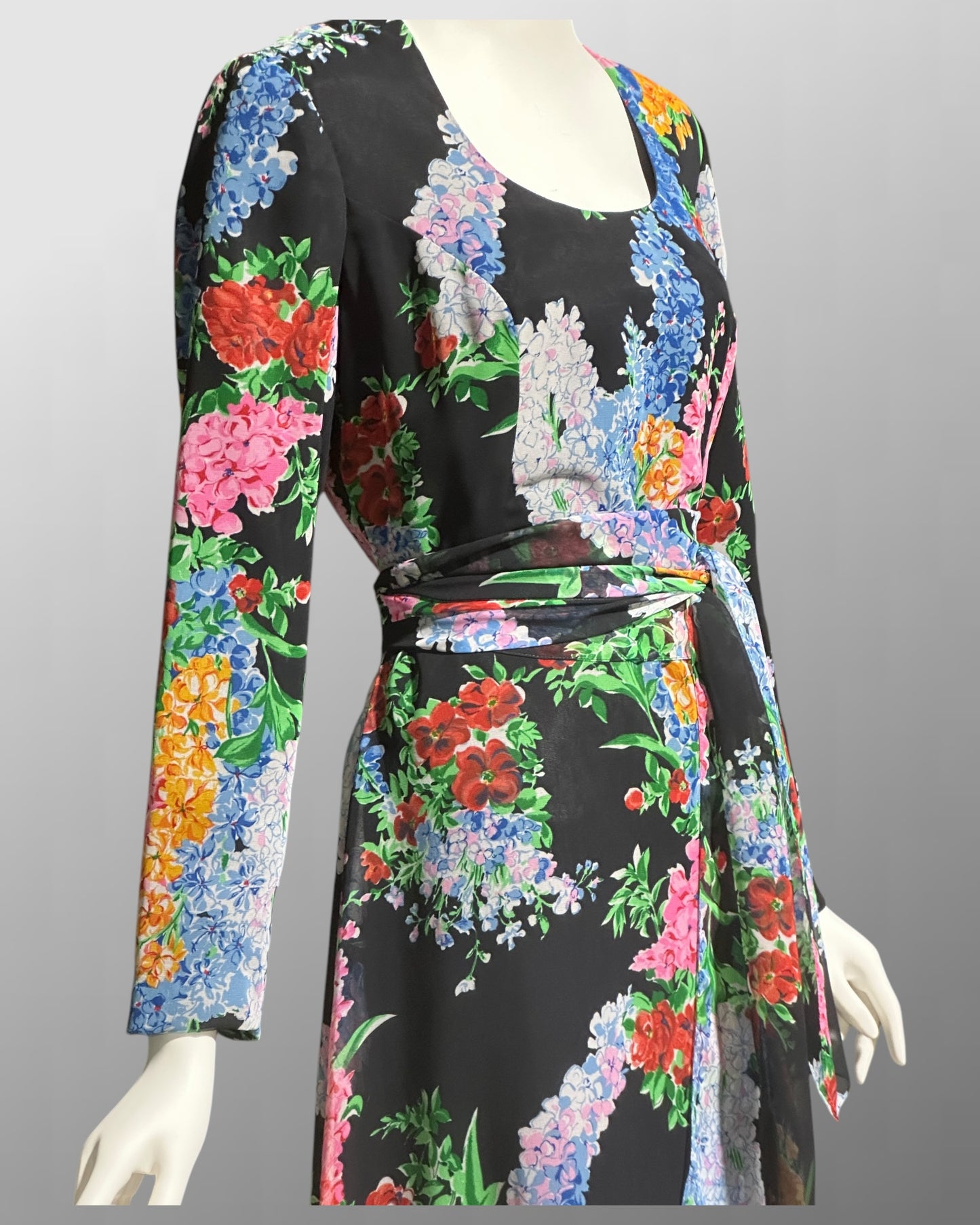 RAZOOK'S vintage 1970s evening dress, poly chiffon floral maxi dress
