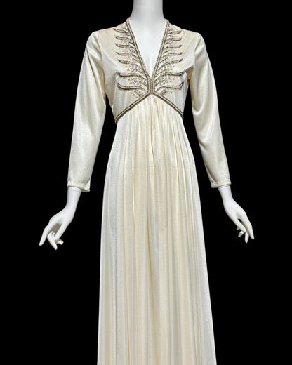 JACK BRYAN, vintage 1970s white jersey knit evening wedding dress with beaded bodice