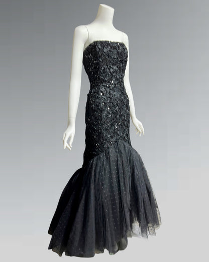 DAVID FIELDEN, 1980s Neiman Marcus, Black lace Mermaid sequin gown