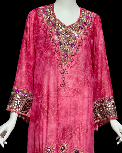 I MAGNIN, vintage 1980s caftan dress, embroidery, beaded, mirrors & cut work, sheer pink evening kaftan gown with Fringe