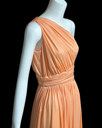 OLE BORDEN for Lillie Rubin, 1970s peach one shoulder evening gown, draped pleated grecian goddess gown