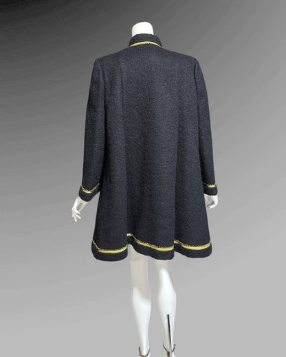 TRIGERE 1980s mohair swing coat, for SAKS 5th Ave Black mohair gold metallic cord