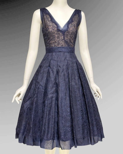 OLDRIC ROYCE by Tony Abate, vintage 1950s evening cocktail dress, navy organza fit and flare party dress