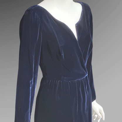 MOLLIE PARNIS vintage 1960s blue velvet wrap evening dress, Morty Sussman