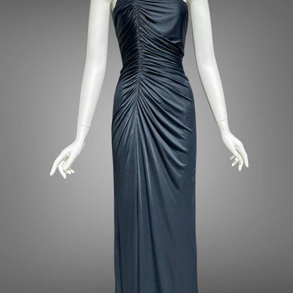 EUGENE ALEXANDER, vintage 1980s evening dress, Slinky Black sheath One Shoulder Grecian Goddess gown