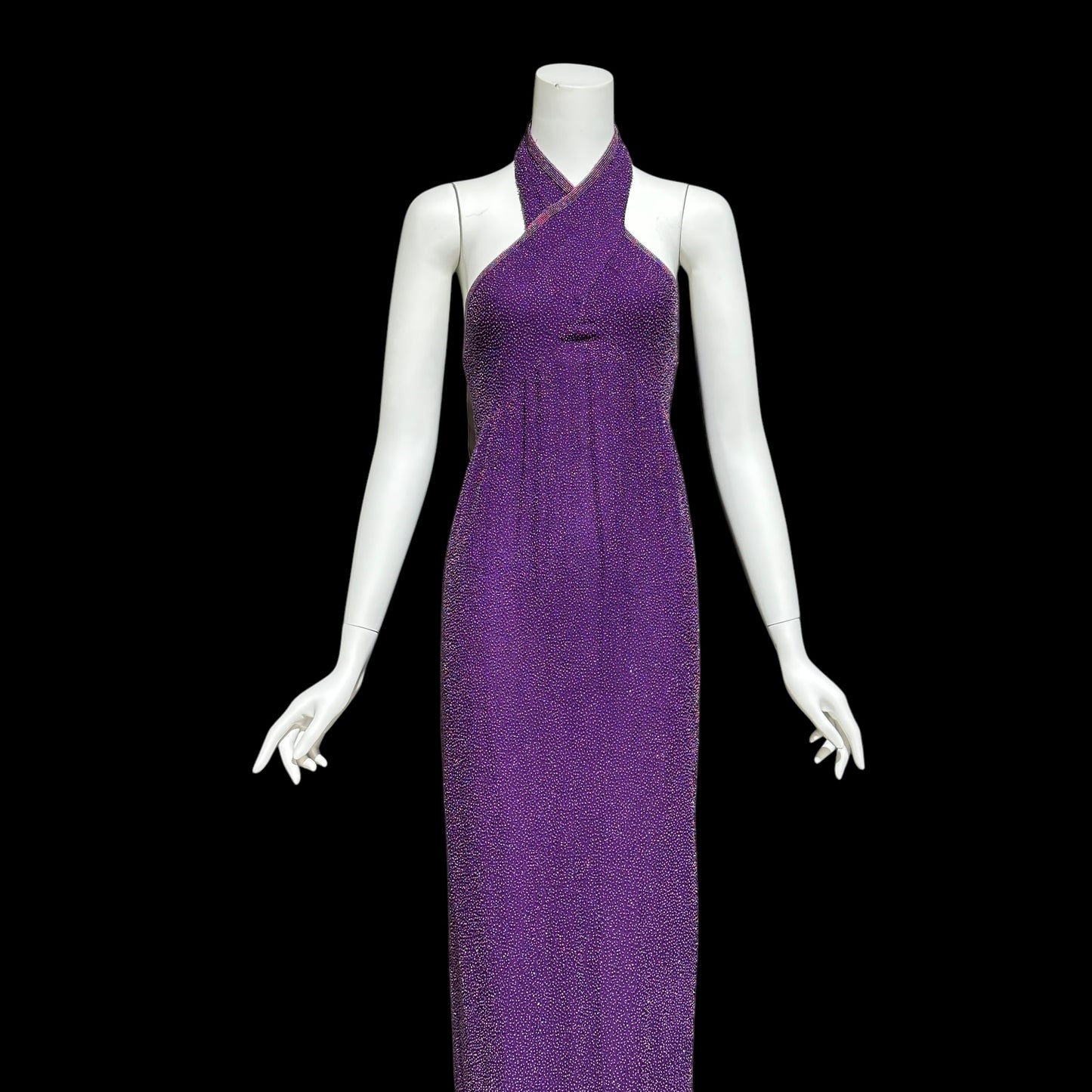 JEET vintage 1980s evening gown, Purple Beaded Silk Sheath gown, Halter slip dress