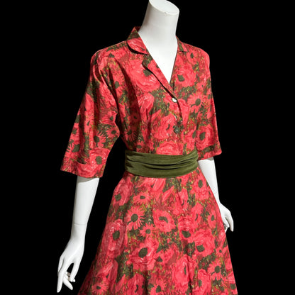 EVELYN PEARSON Lounging Apparel, vintage 1950s house dress, red and green floral cotton day dress