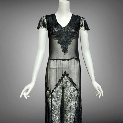 1930s vintage sheer black lace dress, wickedly sheer French lace sheath evening dress