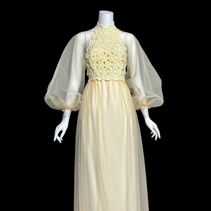 CYRELD PARIS, vintage 1970s yellow chiffon evening dress, WERLE Beverly Hills sheer bishop sleeves