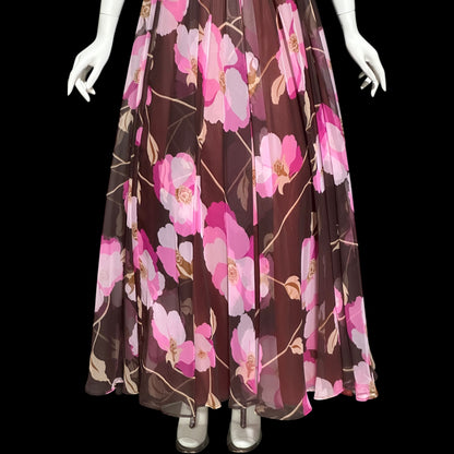 MIGNON New York, vintage 1970s floral Chiffon Maxi Dress, Chocolate Brown Hot Pink evening gown