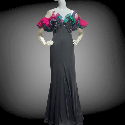 EUGENE ALEXANDER, vintage 1980s evening gown, Black sheath dress, HUGE ruffle collar, Sequin Bodice, on or off shoulders