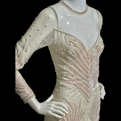CARLOTA ALFARO, vintage 1980s evening gown, White pink beaded mermaid dress, ruffled bottom, illusion neckline