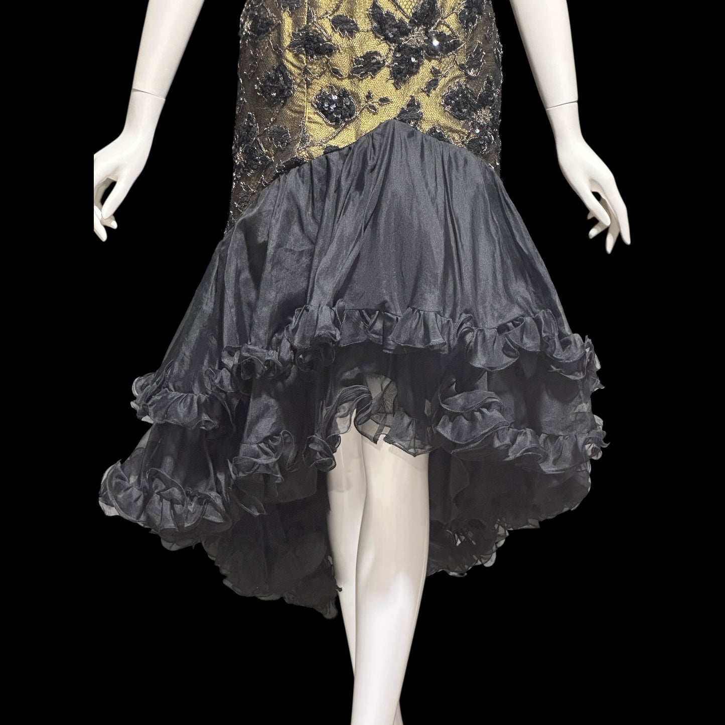 DAVID FIELDEN vintage 1980s evening dress, Party Dress, Black and Bronze All Silk Hi Low Ruffle dress
