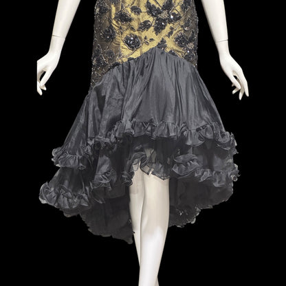 DAVID FIELDEN vintage 1980s evening dress, Party Dress, Black and Bronze All Silk Hi Low Ruffle dress