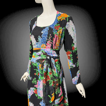 RAZOOK'S vintage 1970s evening dress, poly chiffon floral maxi dress