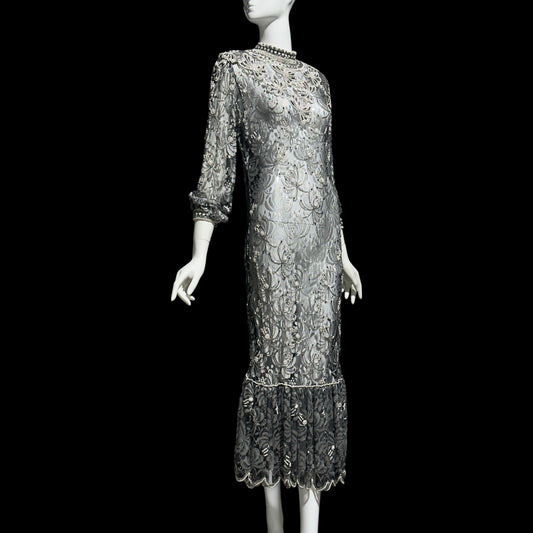 JUDITH ANN, Vintage 1980s sheer beaded dress, Black sheer mesh with beads, Hight neck with ruffle sheath cocktail party dress