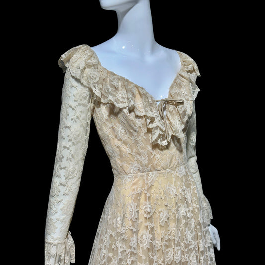 LES WILK 1970s vintage evening dress, lace beige ruffle deep V neckline full sweep wedding dress