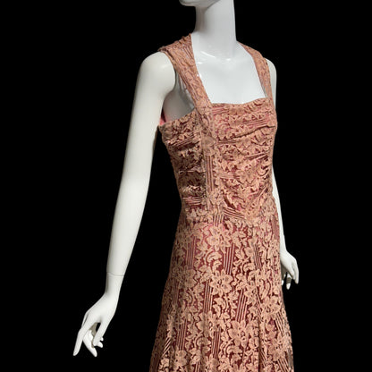 1930s vintage evening dress, Dusty pink lace sheath gown, fully lined