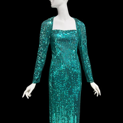 OLEG CASSINI vintage 1980s bodycon sequin evening gown, Mermaid teal green sheath gown with open back