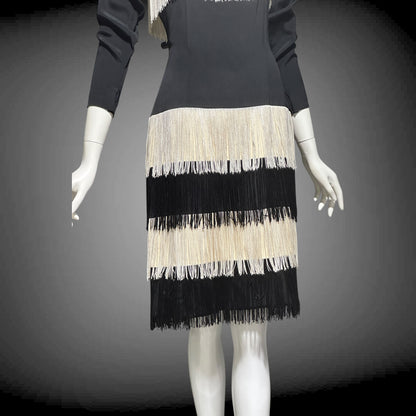 TRAVILLA vintage evening cocktail dress, 1960s black white fringed mod party dress