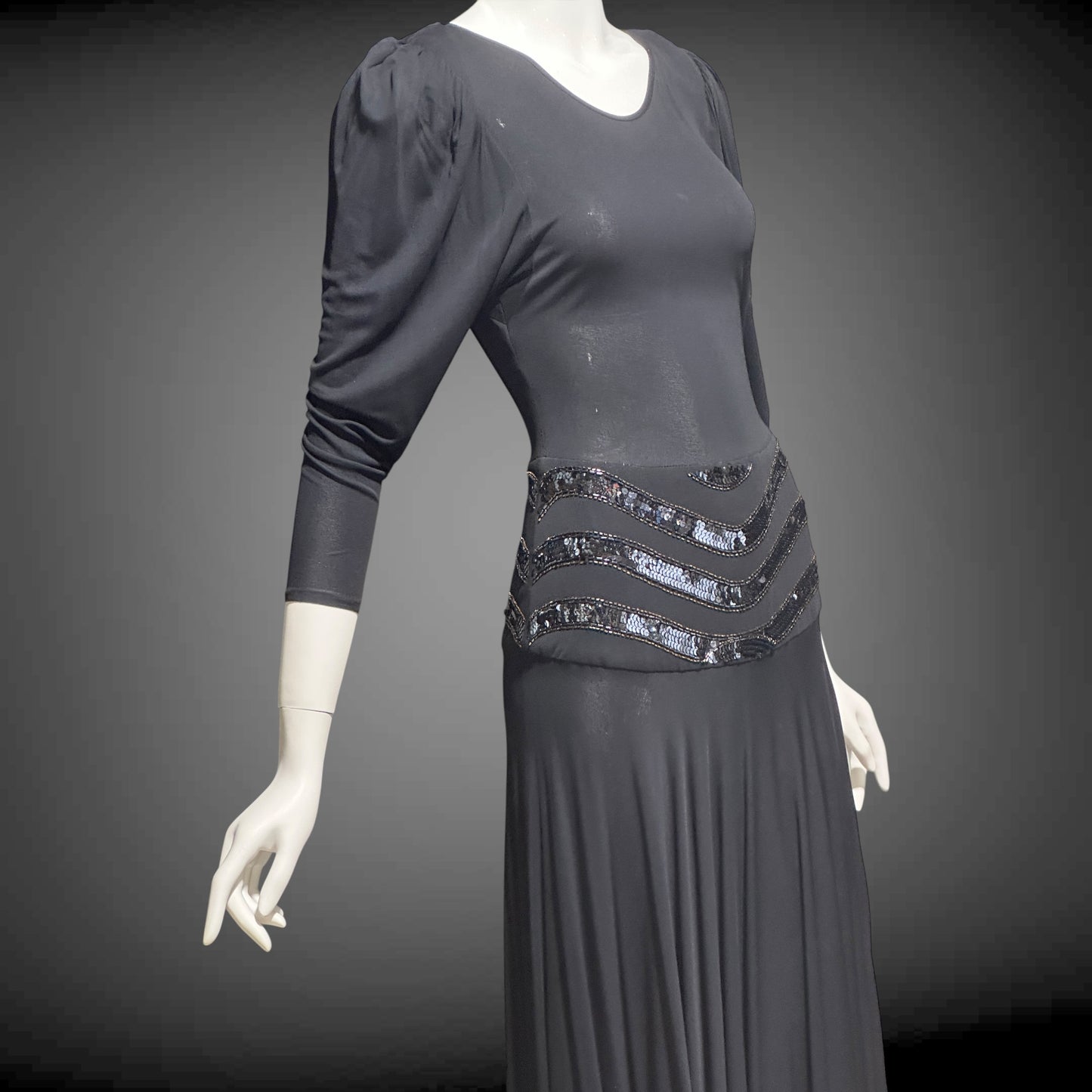 SAKS FIFTH AVENUE Made in England, 1970s evening dress, black jersey knit and sequins