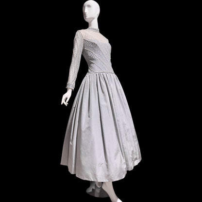 BOB MACKIE, vintage 1980s evening dress ball gown, Silver grey heavily beaded taffeta gown, Long sleeve high neck