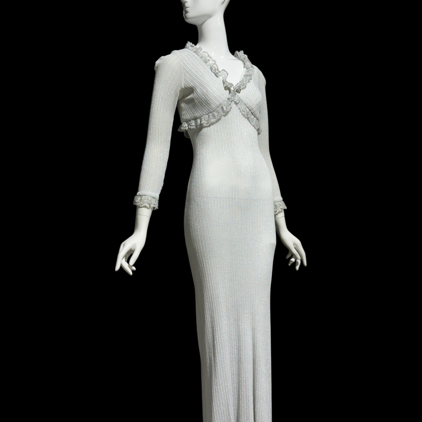 1970s vintage bodycon knit evening dress, Silver Metallic Lurex Sheath Maxi Dress