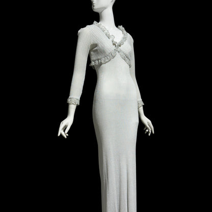 1970s vintage bodycon knit evening dress, Silver Metallic Lurex Sheath Maxi Dress