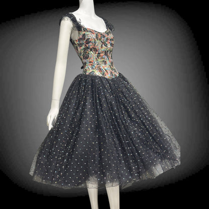 DAVID FIELDEN London, SAKS 1980s Party Dress, Silk Insane Tutu tulle lame party dress