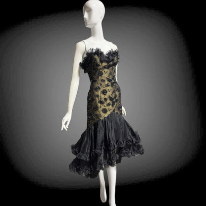 DAVID FIELDEN vintage 1980s evening dress, Party Dress, Black and Bronze All Silk Hi Low Ruffle dress